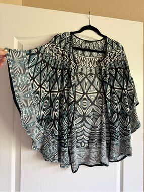 Tolani Teal and Black Geometric Open-Front Poncho